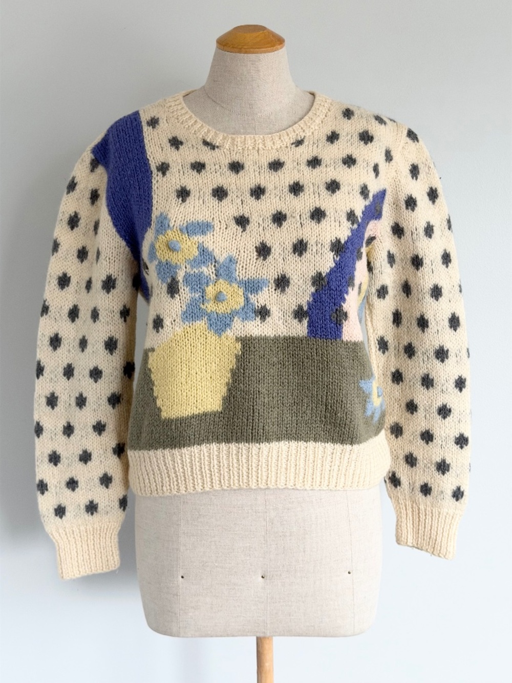 Hand Knit Cropped Wool Blend Novelty Sweater, Size S